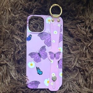 Purple Butterfly iPhone 14 Case with Strap